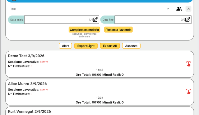 Finestra Mac — pagina Timbrature HR / export